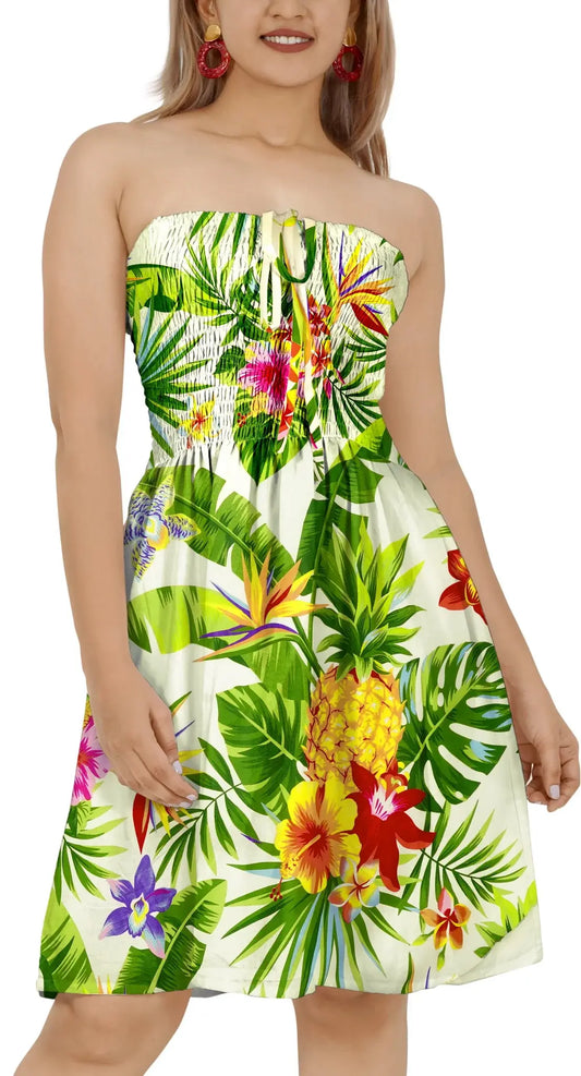White Floral Printed Short Tube Dress or Bathing Suit Cover For Women One Size