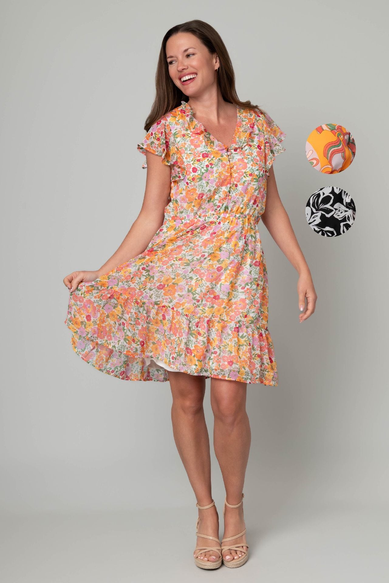 White Multi Chiffon A-Line Ruffle Dress by Marissa Olivia