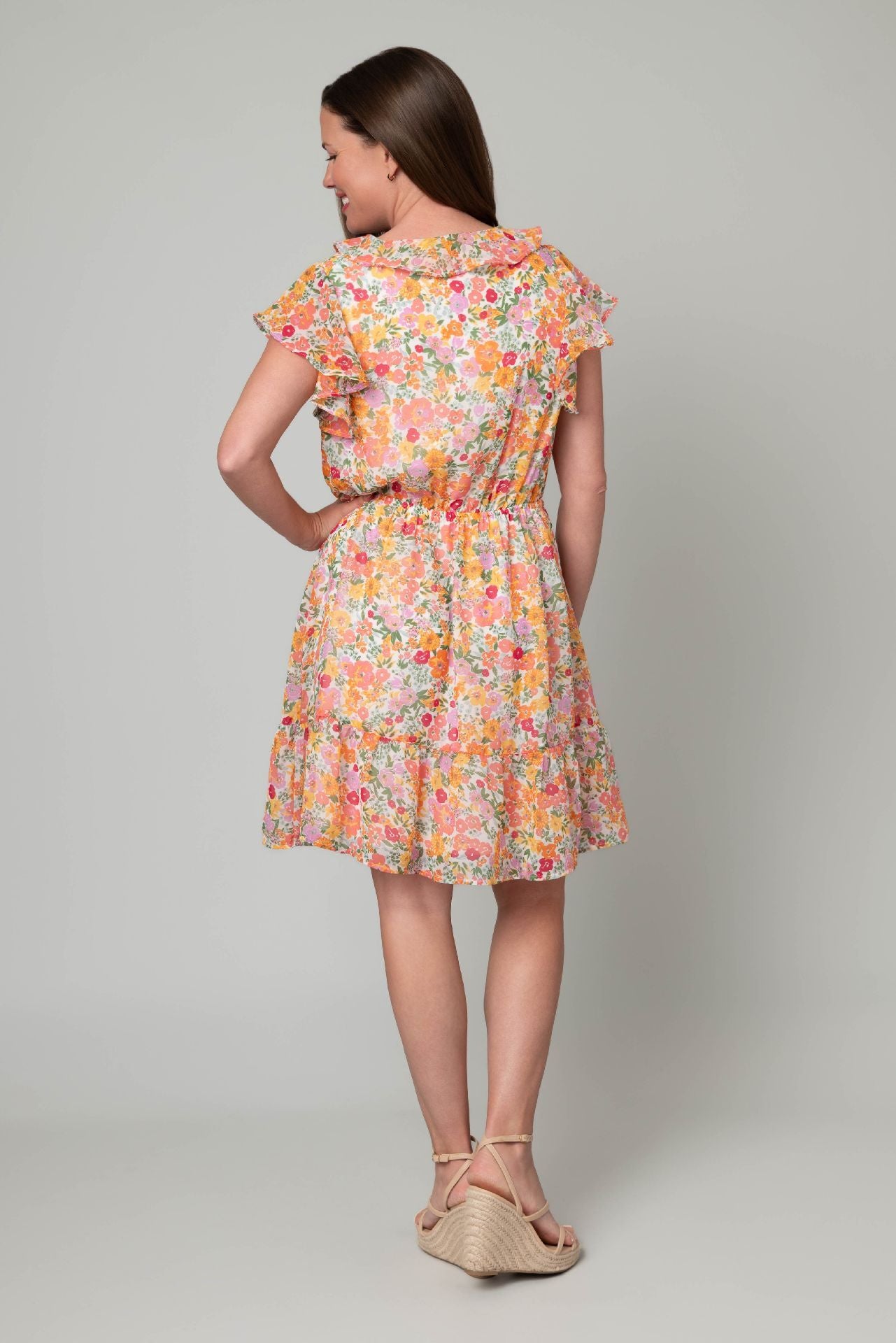 White Multi Chiffon A-Line Ruffle Dress by Marissa Olivia