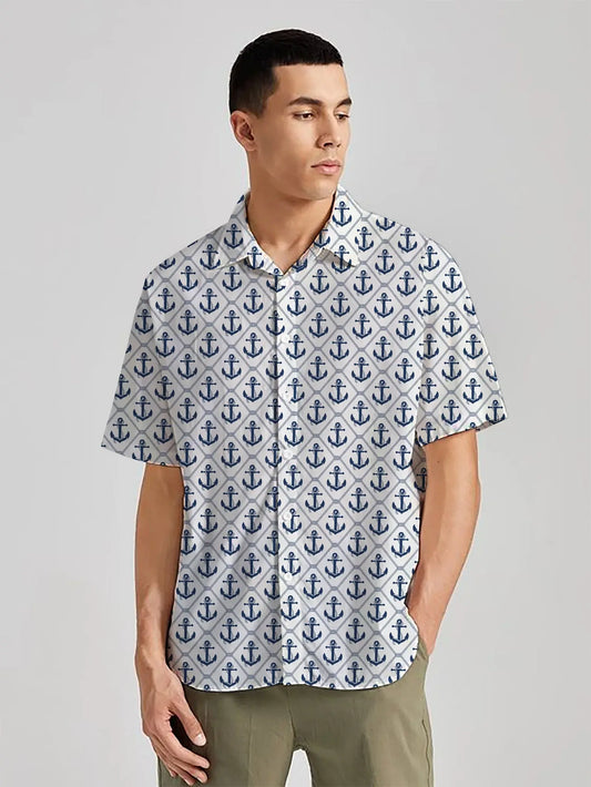 White Sail Into Style Anchor-Printed Rayon Men's Shirt