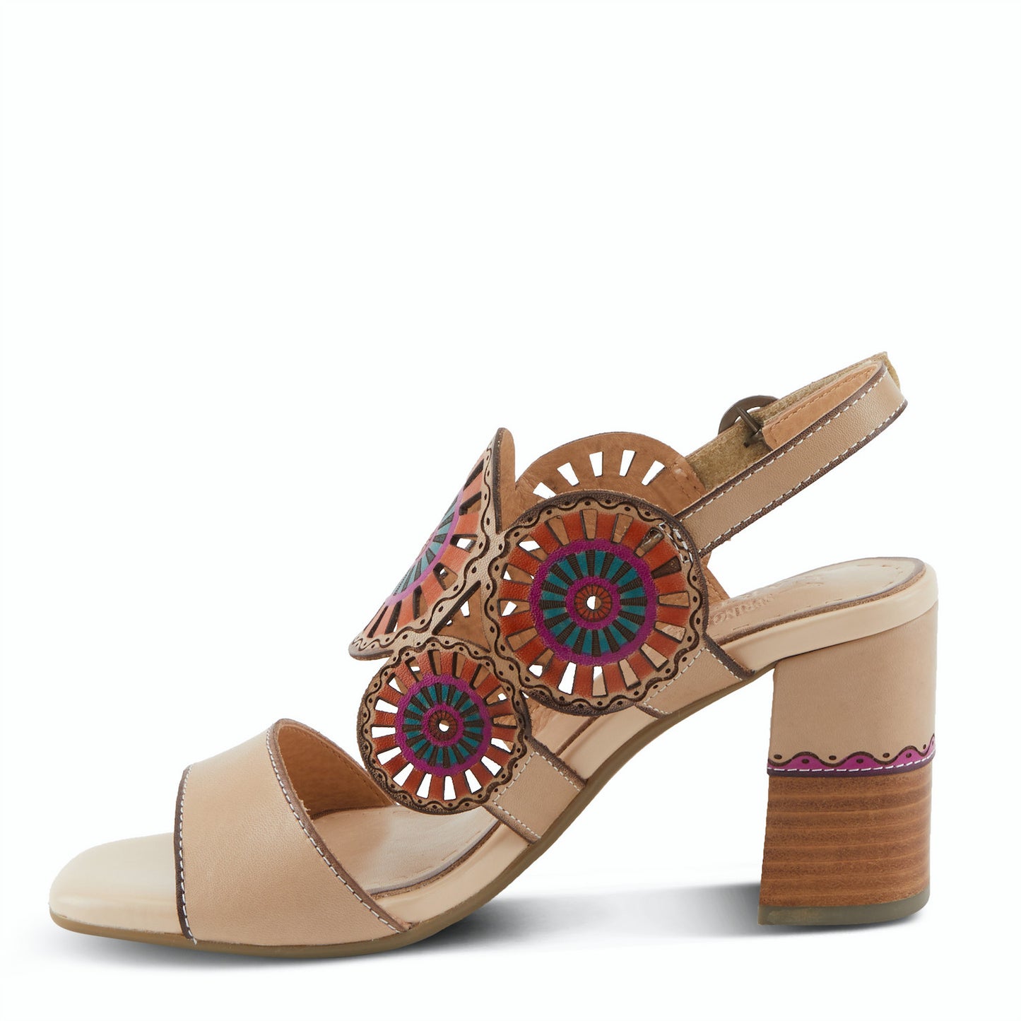 Pinwheel Beige Leather Heel Sandal by L`ARTISTE