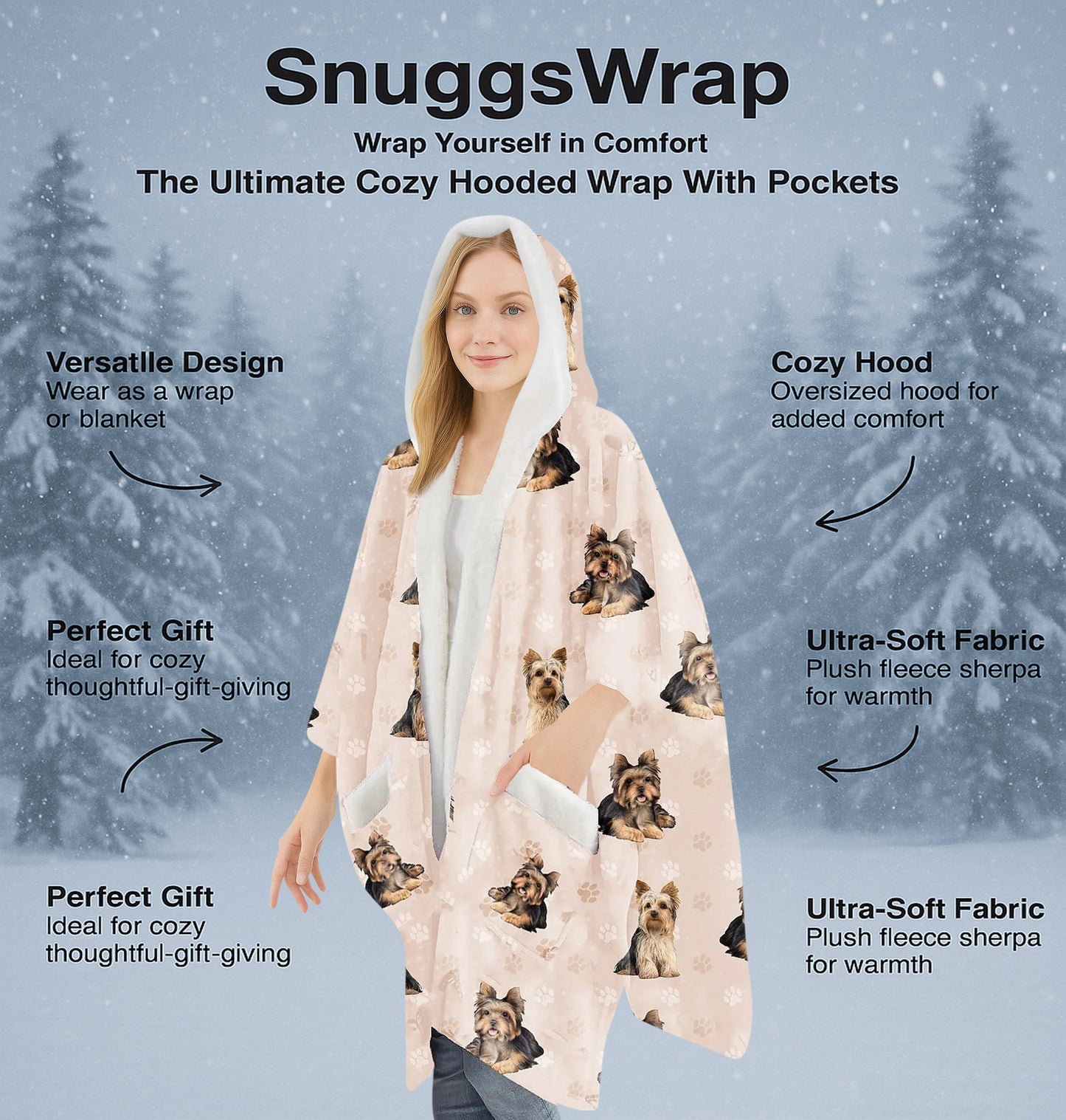 Yorkie Snugg Wraps with Hoodie – Ultra Soft Sherpa Fleece Wrap for Pet Lovers
