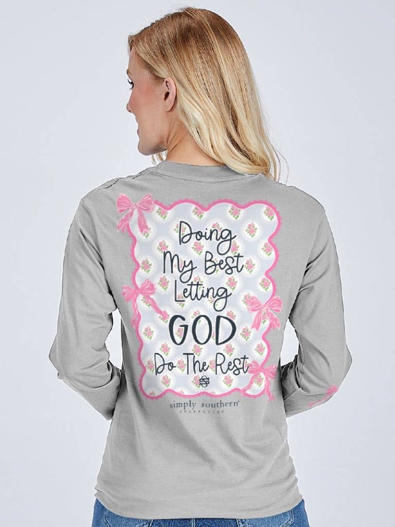 Doing my best, Letting God do the rest Pink Floral Bows Sport Grey Long Sleeve Tee by Simply Southern