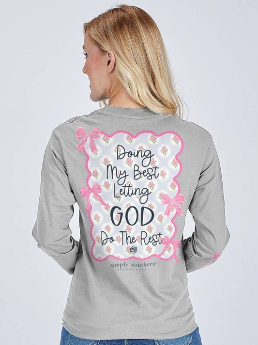 Doing my best, Letting God do the rest Pink Floral Bows Sport Grey Long Sleeve Tee by Simply Southern