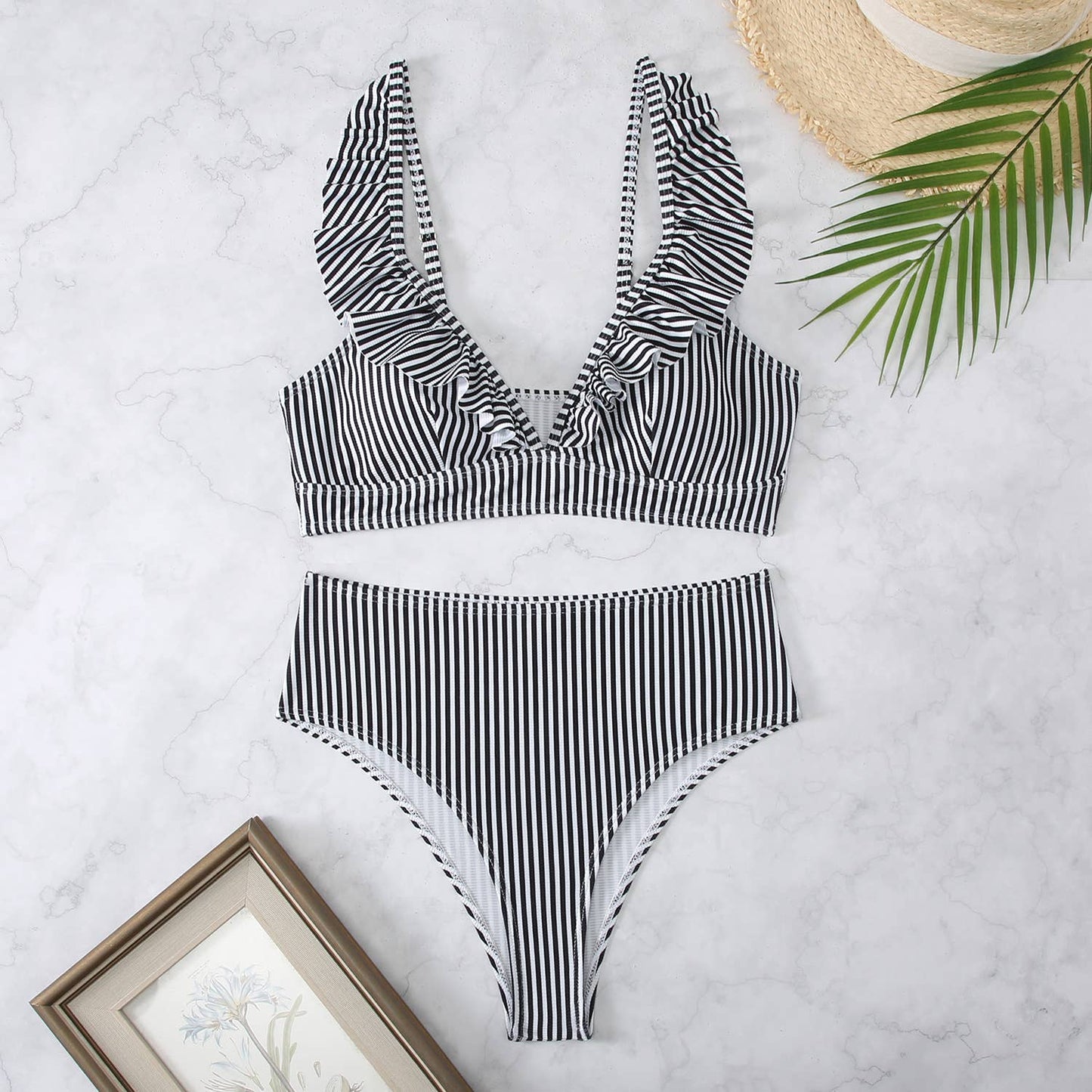 Striped High Waist V-neck Ruffled Bikini