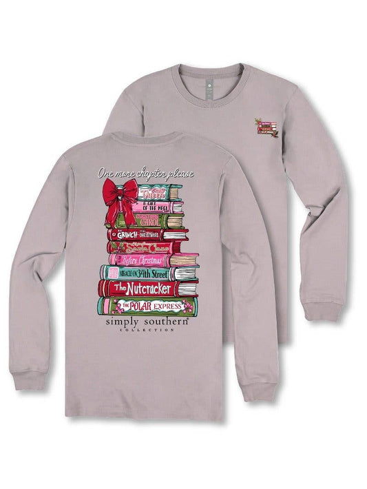 One More Chapter Please Christmas Themed Books LS-BOOKS-DRFTWD Grey Long Sleeve Tee by Simply Southern