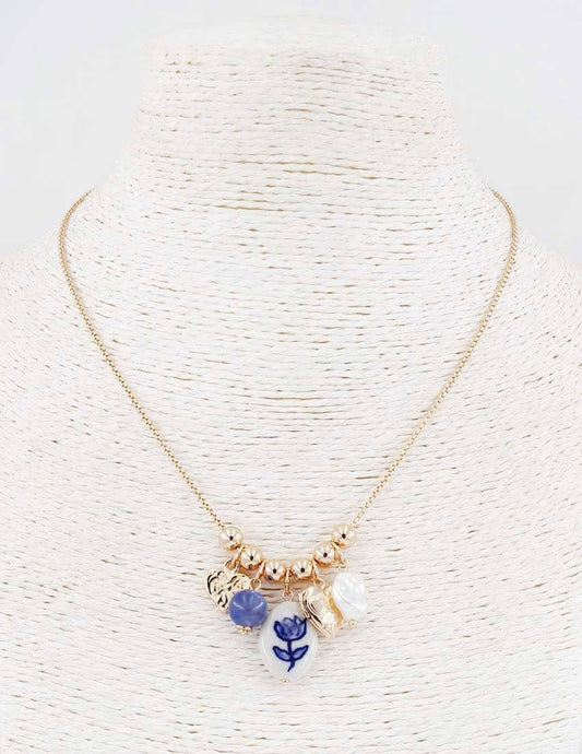 Painted Flower/Heart/Pearl Charms Necklace