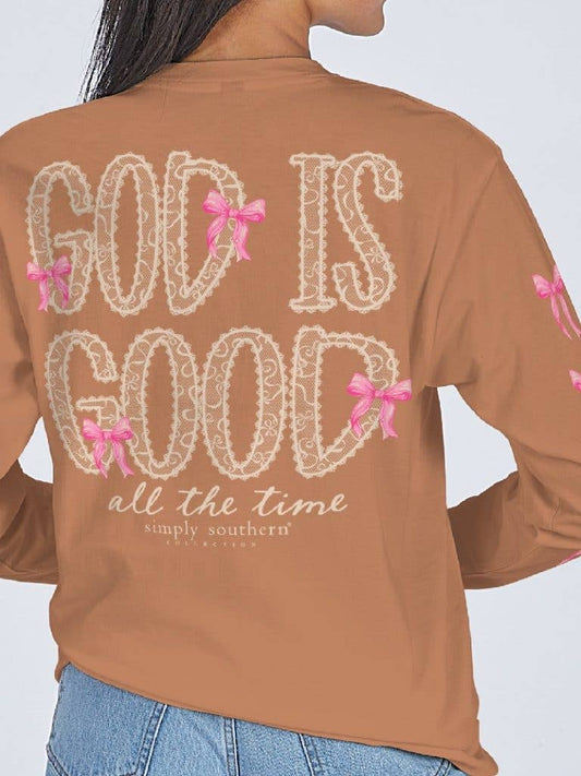 God is Good all the time Pink Bows and Lace YOUTH-LS-GOD-CHSTNT Brown Long Sleeve Tee by Simply Southern