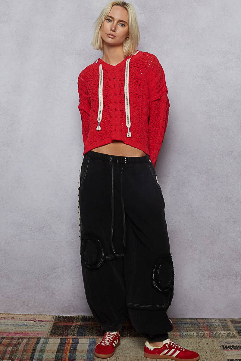 Oversize fit v-neck hooded cable knit chenille sweater by Pol Clothing