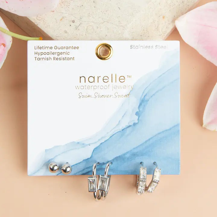 Rectangle CZ Hoop Trio Earrings Narelle Waterproof Jewelry