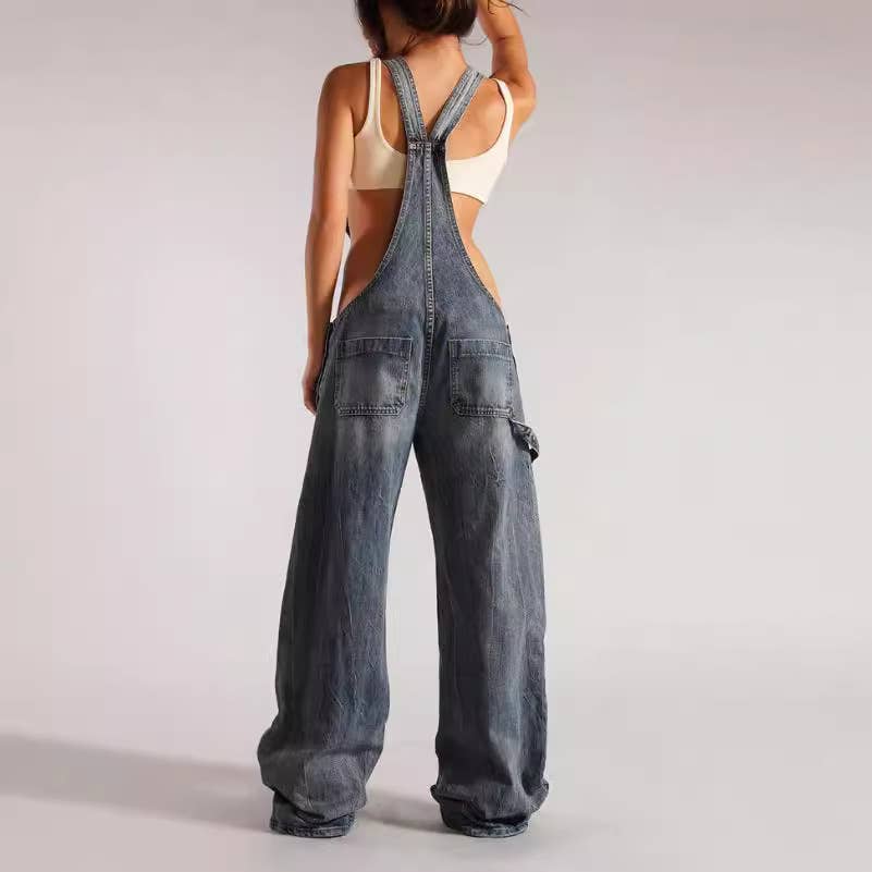 Low-rise bib jumpsuit distressed straight-leg printed pants