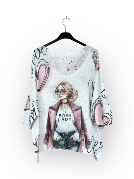 Boss Lady Knit V-neck T-shirt, patterned, 3/4 sleeve Made in Italy