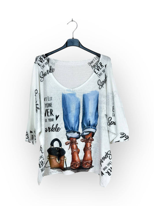 Don't Let Anyone Dull Your Sparkle Jeans & Pumps Knit V-neck T-shirt, patterned, 3/4 sleeve Made in Italy