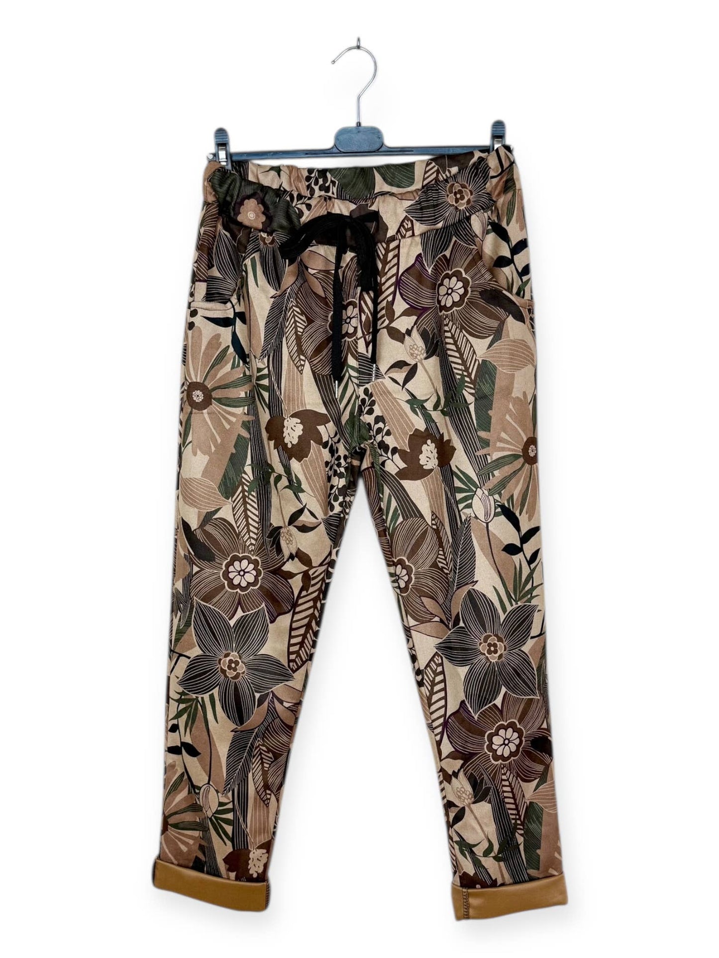 Tan Brown & Green Striped Floral Patterned Jogger Pants: Motif 20 One Size Fits Most