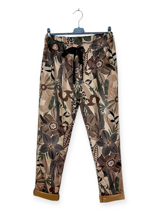 Tan Brown & Green Striped Floral Patterned Jogger Pants: Motif 20 One Size Fits Most