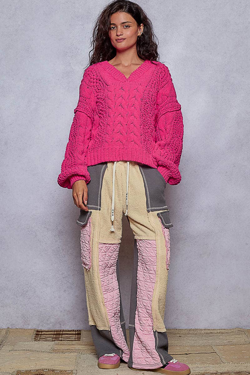 V-Neck Chenille Sweater Semi Cropped Top by  Pol Clothing