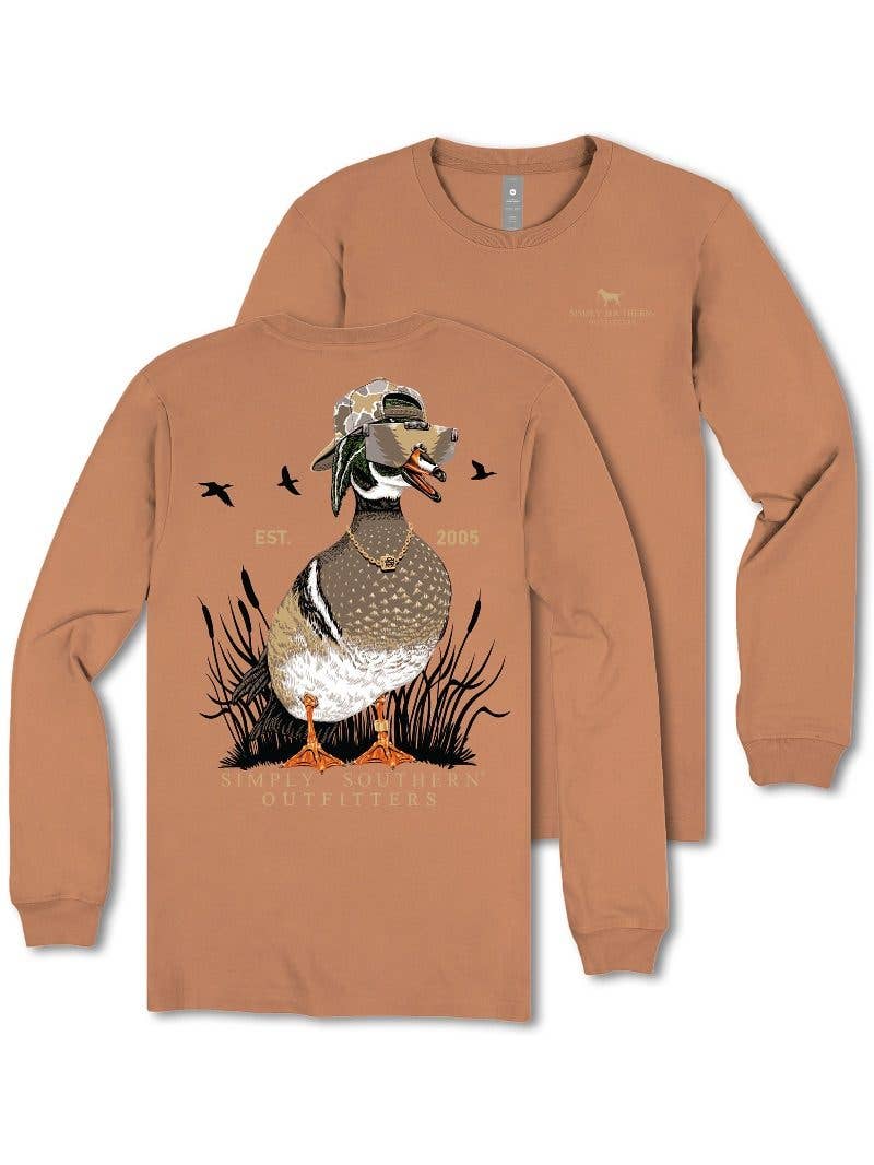 Mallard Duck wearing a hat & Shades Men's Chestnut Brown Long Sleeve Tee by Simply Southern