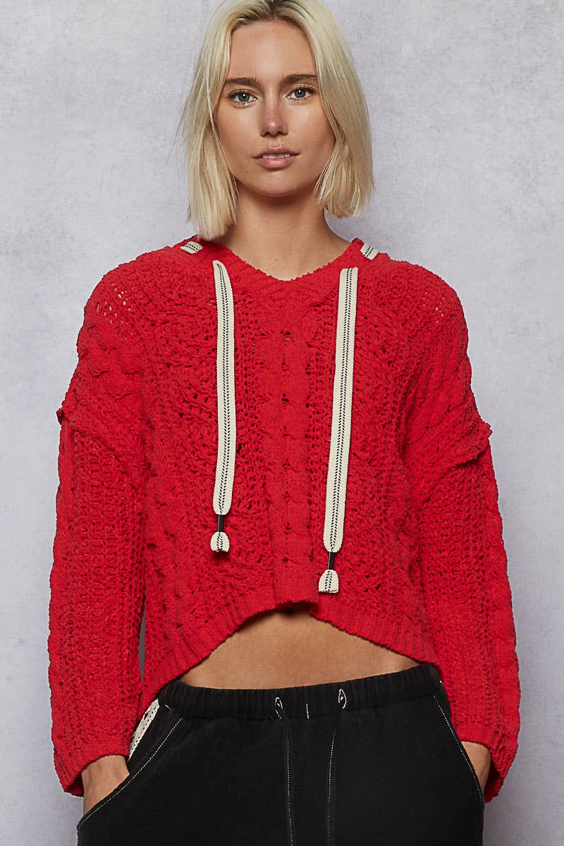 Oversize fit v-neck hooded cable knit chenille sweater by Pol Clothing