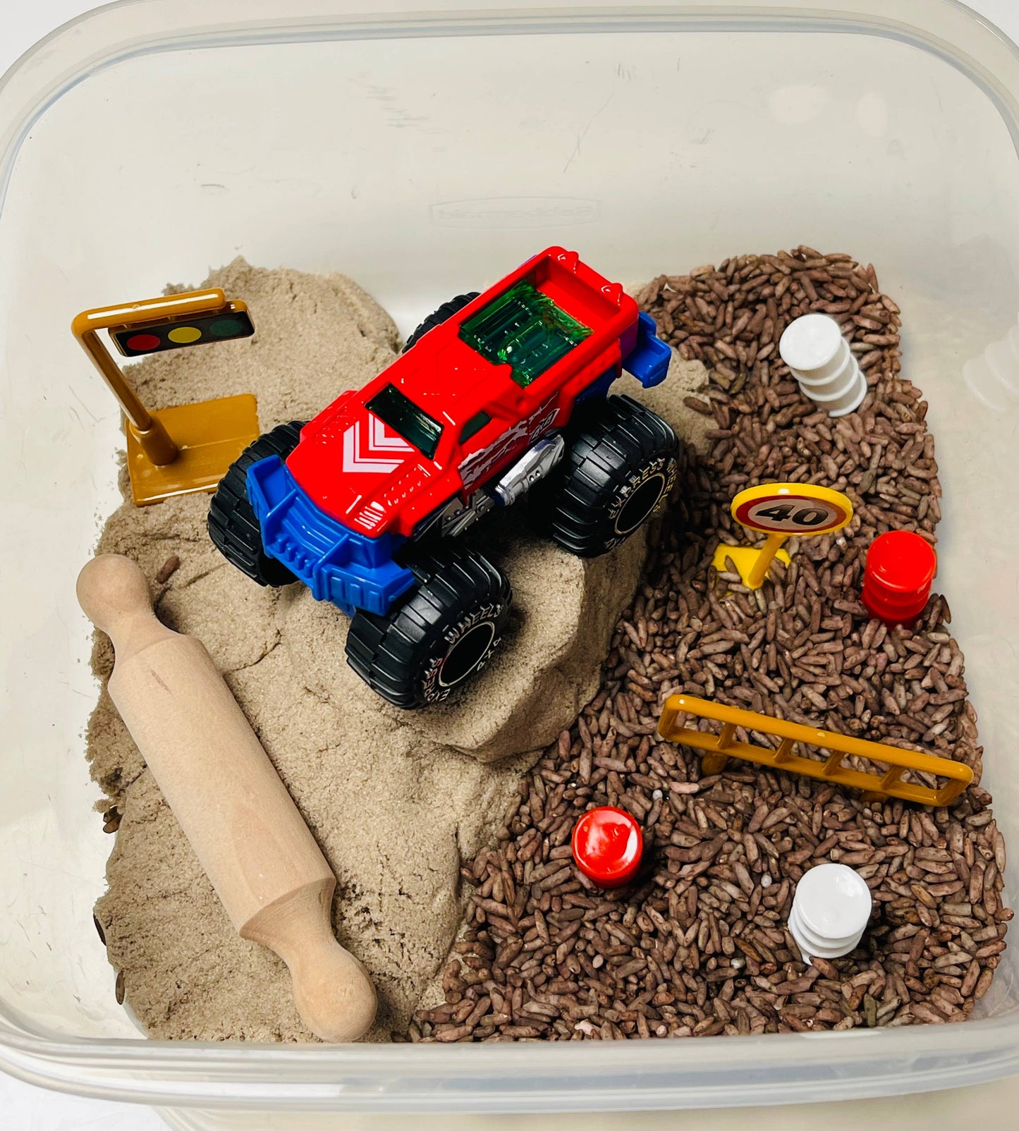 Monster truck madness Kinetic Sand and Sensory rice kit!