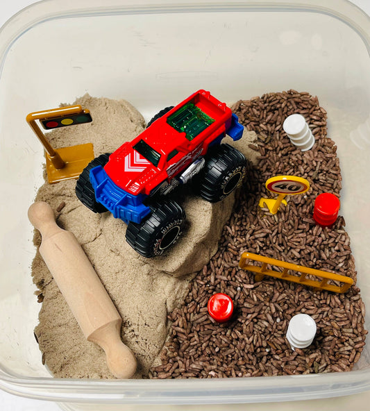 Monster truck madness Kinetic Sand and Sensory rice kit!