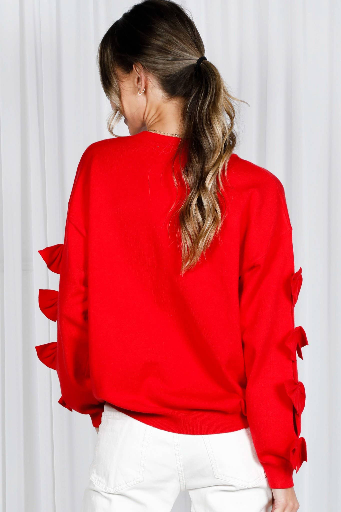 Bow Embellished Long-Sleeve Crew Neck Knit Sweater