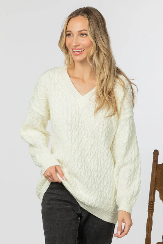 Diamond Knit V-Neck Sweater-Ivory