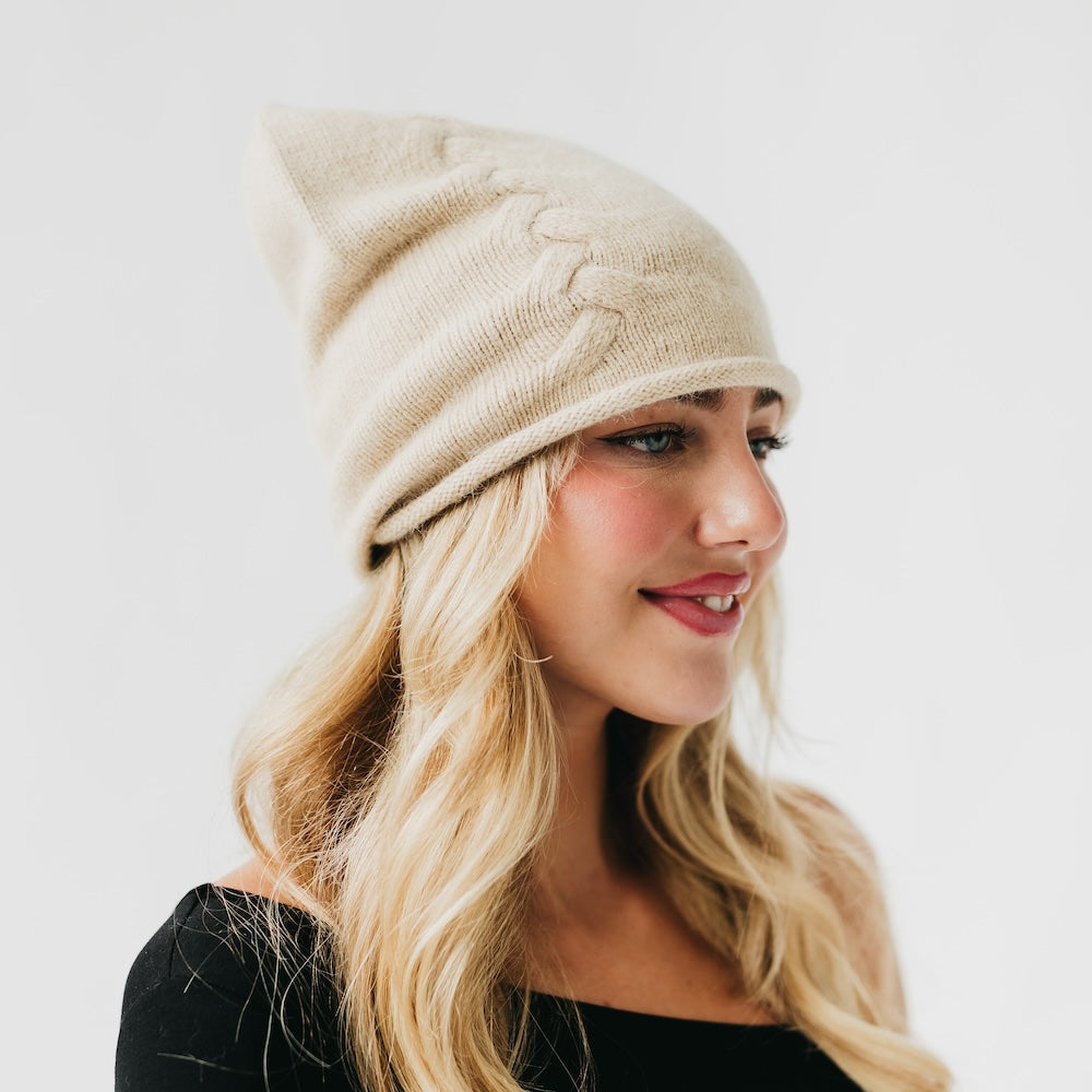 Cable Rolled Edge Cashmere Beanie