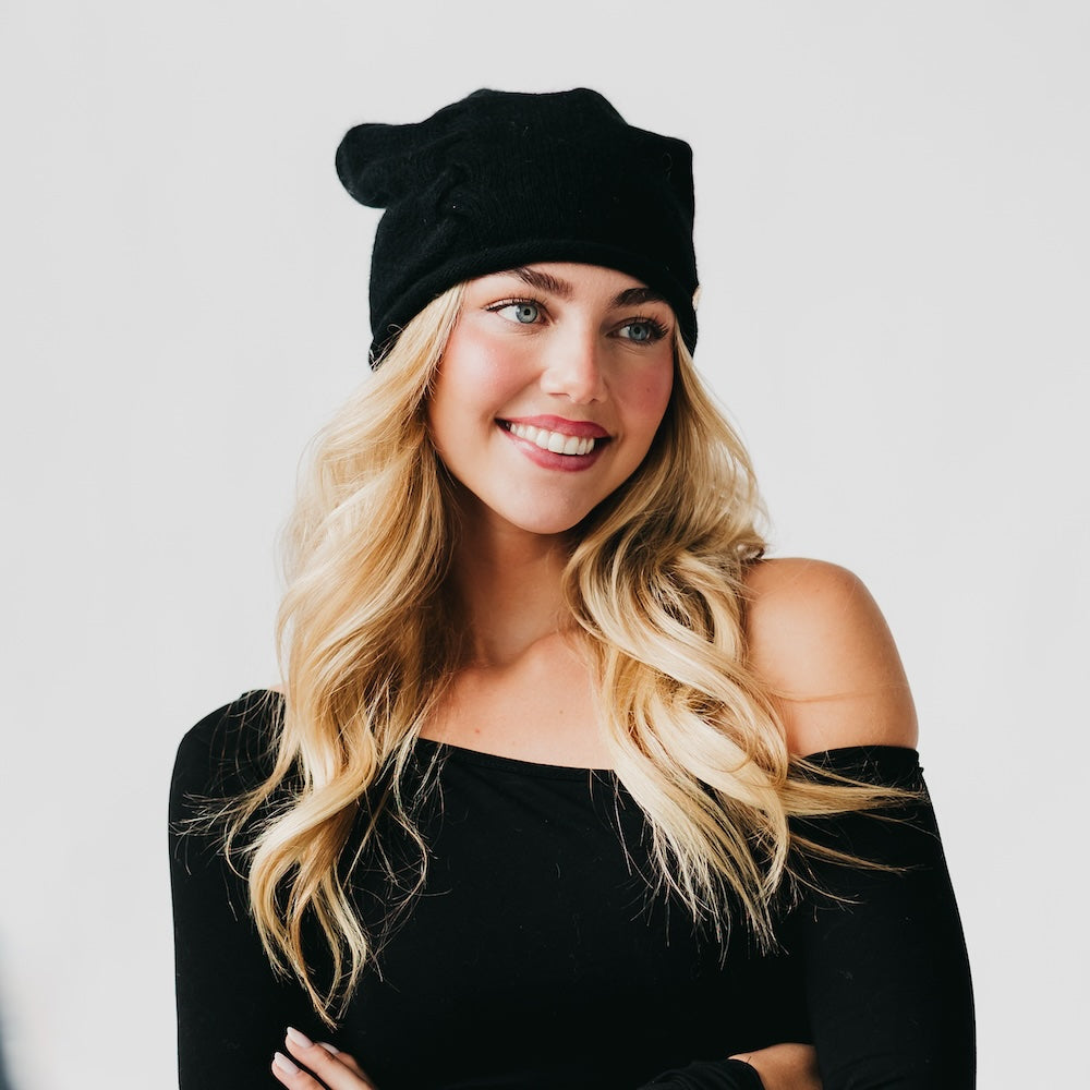 Cable Rolled Edge Cashmere Beanie