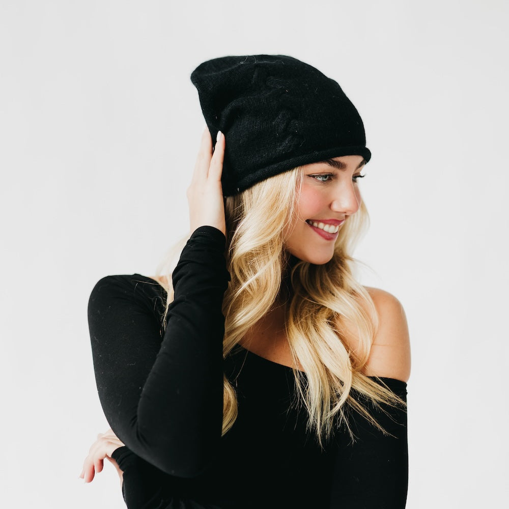Cable Rolled Edge Cashmere Beanie