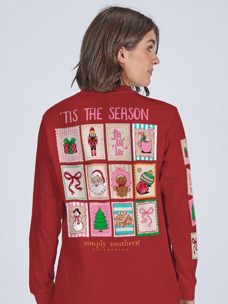 Tis The Season Postage Stamp Simply Southern Long Sleeve Tee LS-STAMPS-CARMINE