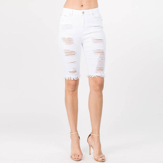 DISTRESSED SKINNY DENIM BERMUDA WHITE SHORTS
