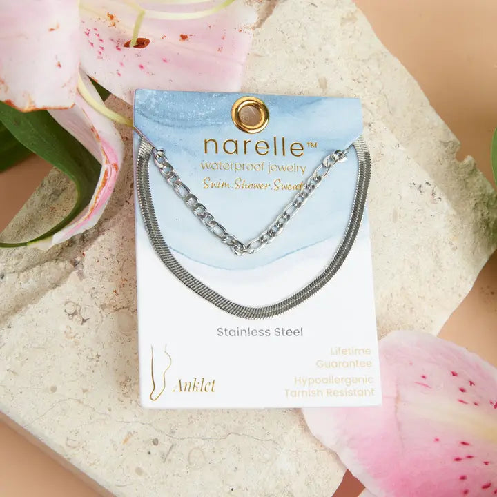 2 Row Snake Chain Anklet Silver L" 8 1/2 Narelle Waterproof Jewelry