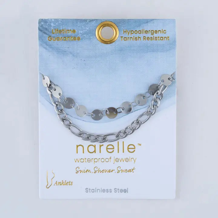2 Rows Disc and Figaro Chain Anklet Si lver L" 8 1/2 Narelle Waterproof Jewelry