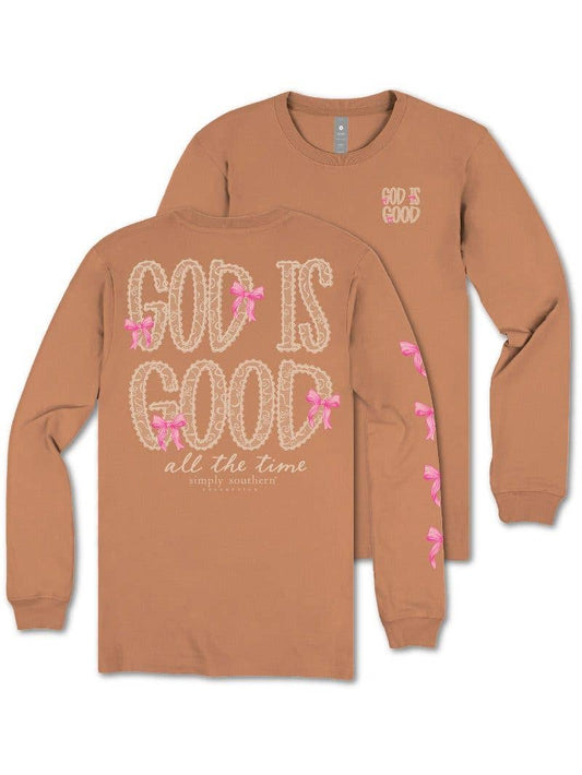 God is Good all the time Pink Bows and Lace YOUTH-LS-GOD-CHSTNT Brown Long Sleeve Tee by Simply Southern