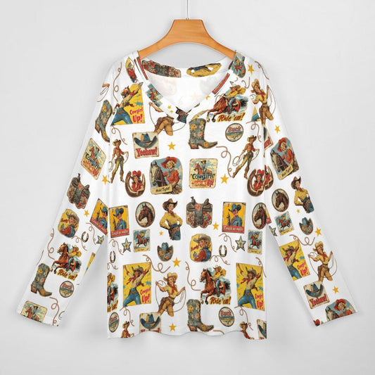 Baha Ranch Vintage Cowgirl Collage Western Print Long Sleeve Top