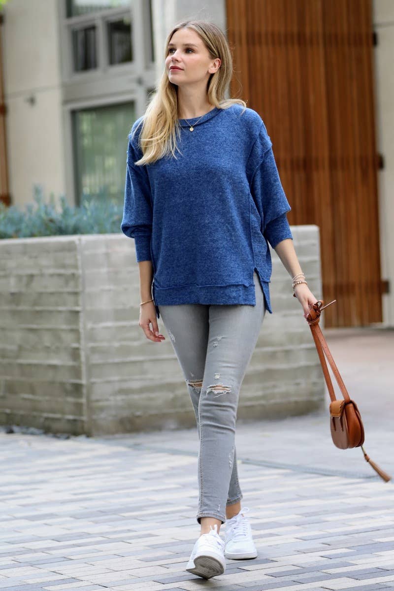 Brushed Melange Hacci Exposed Seam Sweater W/ Side