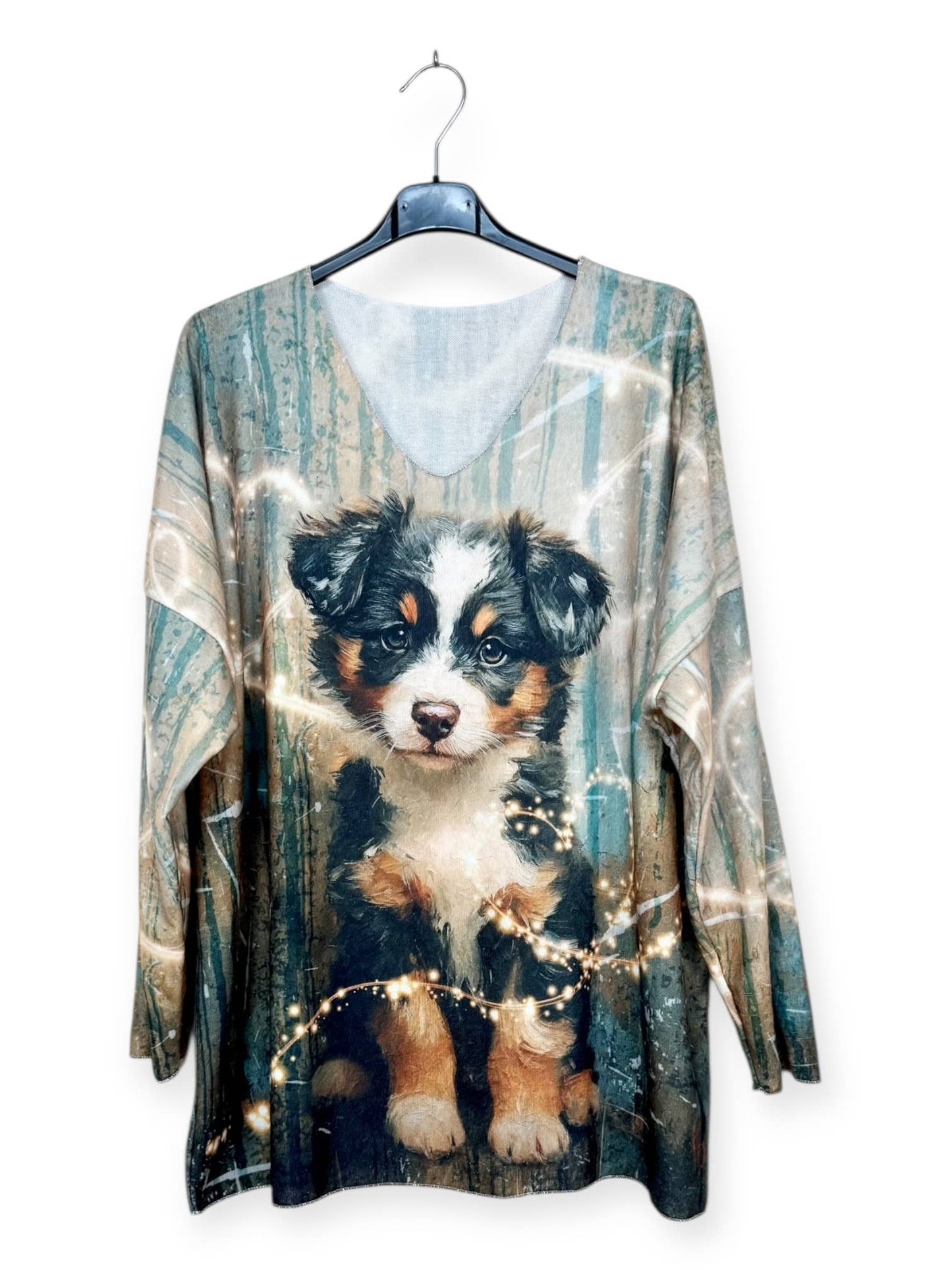Dog print V-Neck Sweater with Patterns