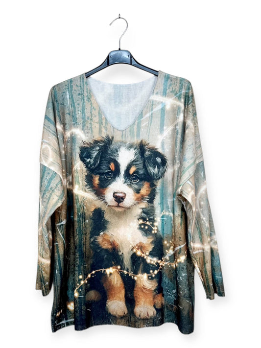 Dog print V-Neck Sweater with Patterns