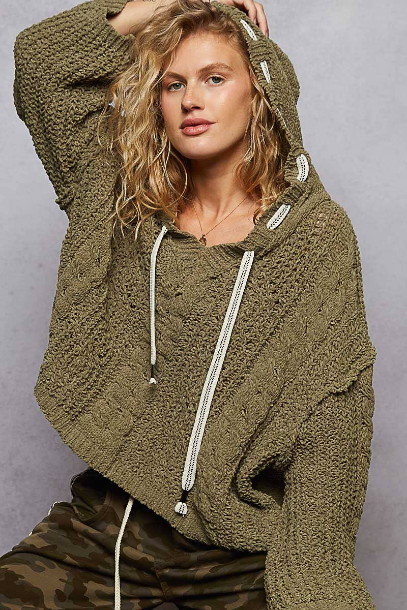 Oversize fit v-neck hooded cable knit chenille sweater by Pol Clothing