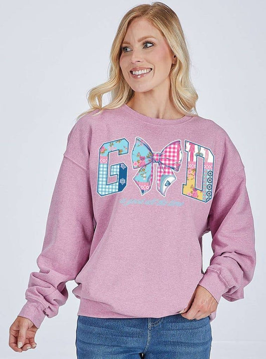 God Is Good quilted pattern CREW-GOD-BBLGUM pink Long Sleeve Crew  by Simply Southern