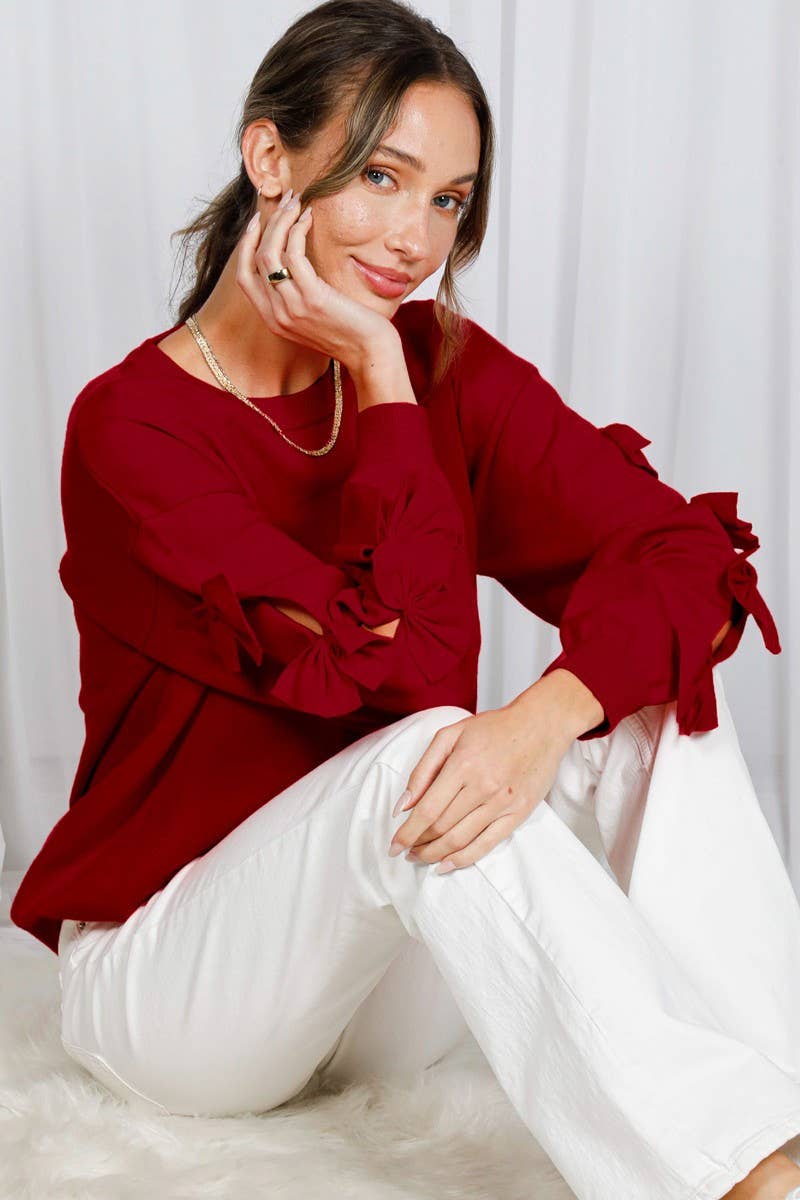 Bow Embellished Long-Sleeve Crew Neck Knit Sweater