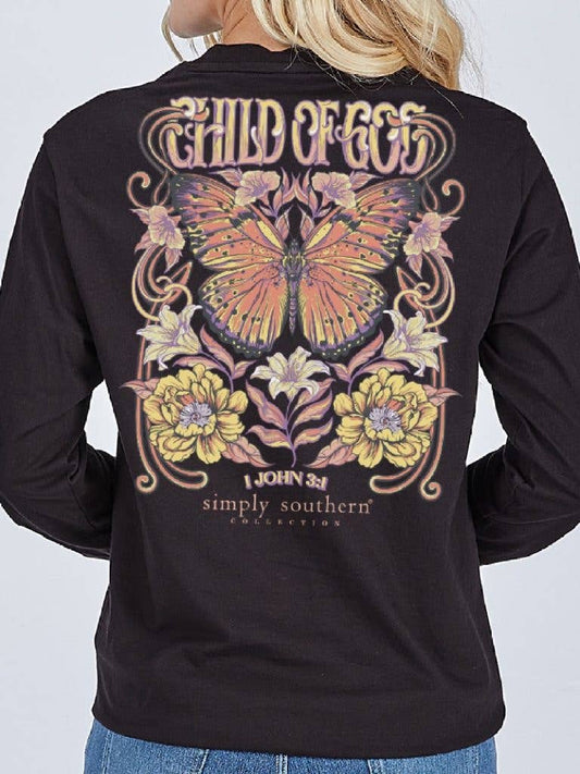 Youth Child of God Butterfly with Flowers Simply Southern Long Sleeve Tee YTH-LS-CHILD-BLACK