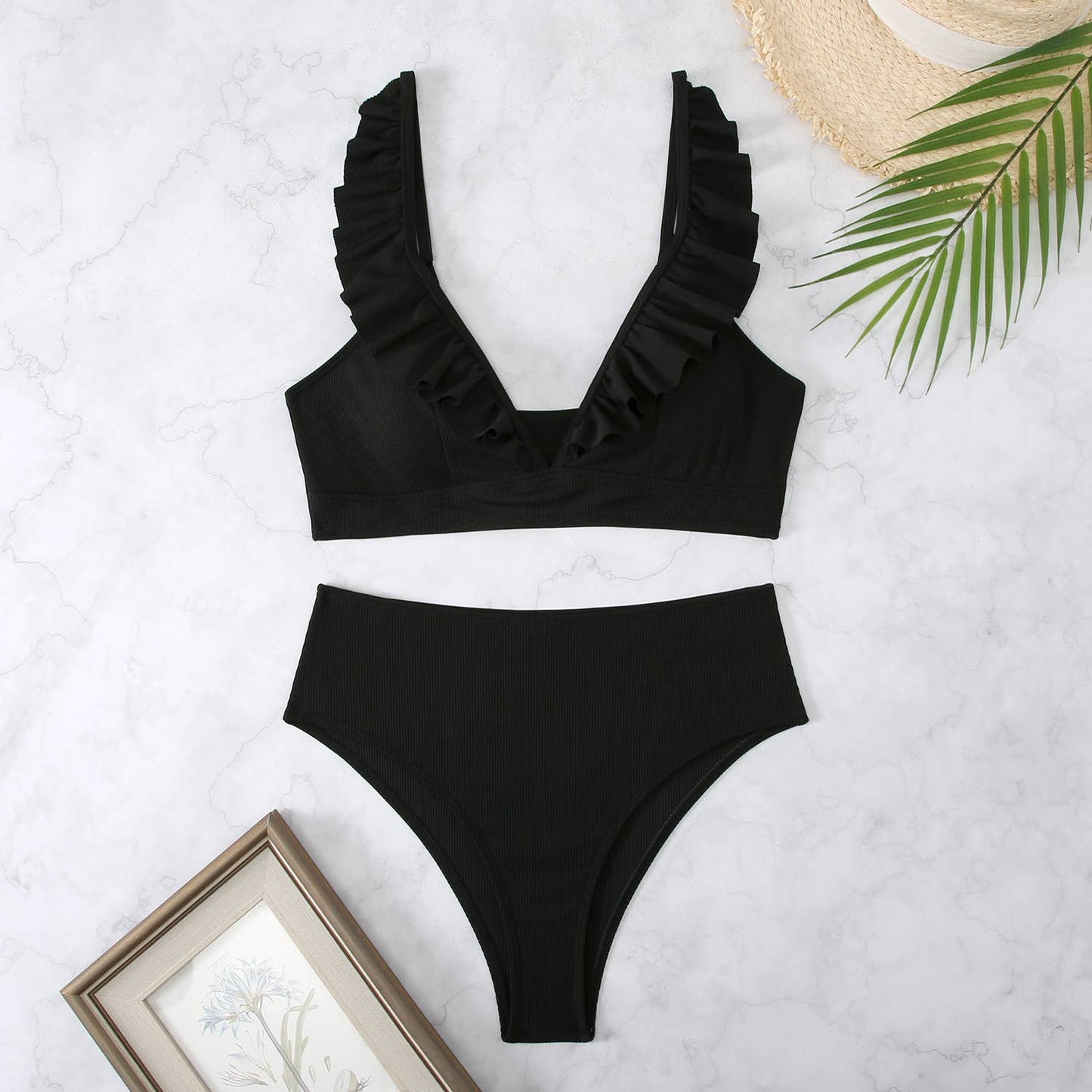 Striped High Waist V-neck Ruffled Bikini