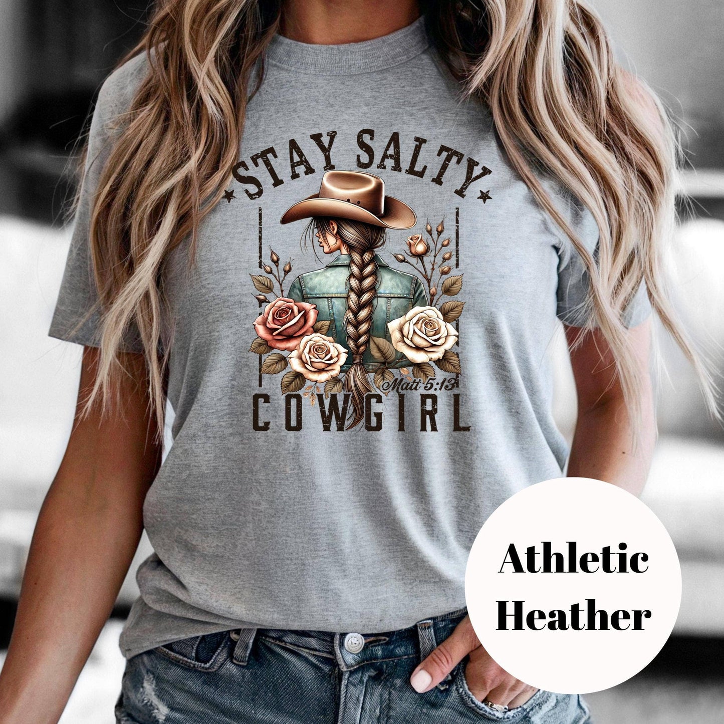 Stay Salty Cowgirl Shirt, Christian Western Sublimation Tee, Matthew 5:13 Shirt, Faith and Floral Graphic Tee, Vintage Faded Cowgirl Shirt