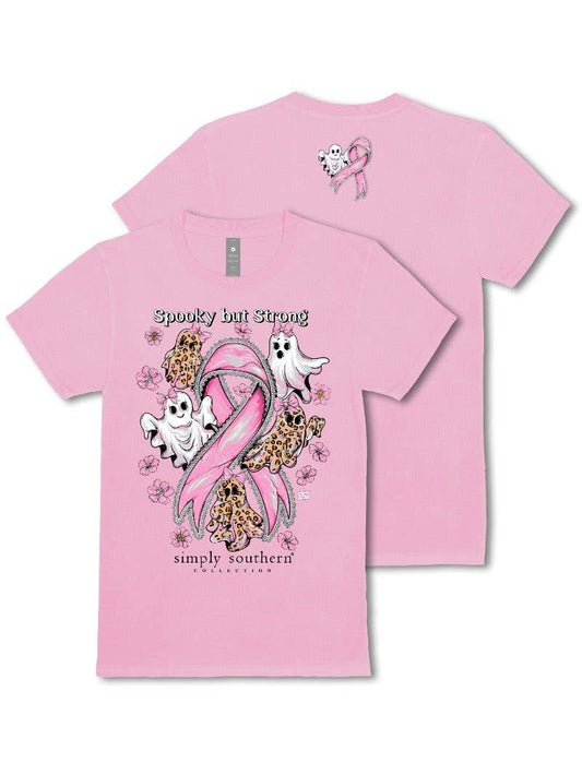 Spooky but Strong Breast Cancer awareness Ghost with Pink Ribbons SS-STRONG-WSHPNK Short Sleeve Tee by Simply Southern