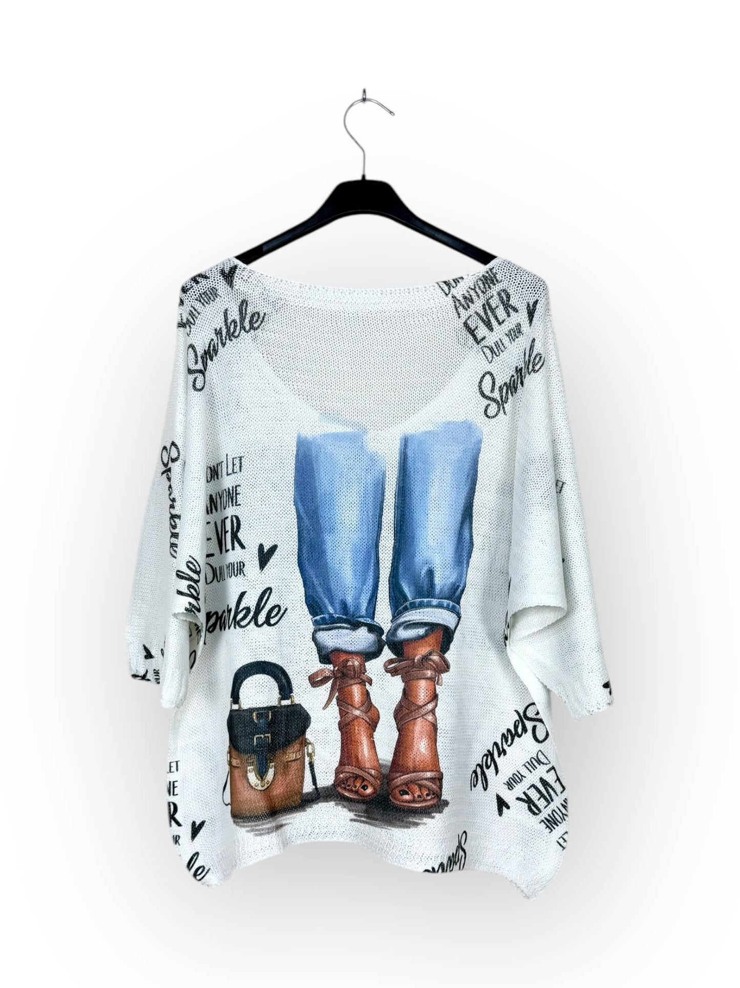 Don't Let Anyone Dull Your Sparkle Jeans & Pumps Knit V-neck T-shirt, patterned, 3/4 sleeve Made in Italy