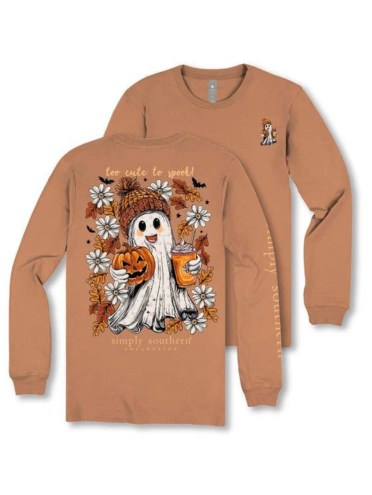 Too Cute to Spook Ghost YOUTH-LS-GHOST-CHSTNT Brown Long Sleeve Tee by Simply Southern