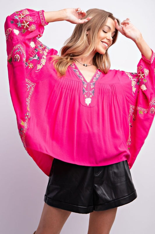 FUCHSIA POLY DOBBY EMBROIDERED TOP