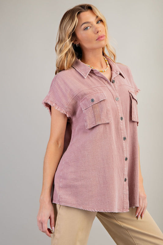 DUSTY ROSE CAP SLVS MINERAL WASHED BUTTON DOWN SHIRT