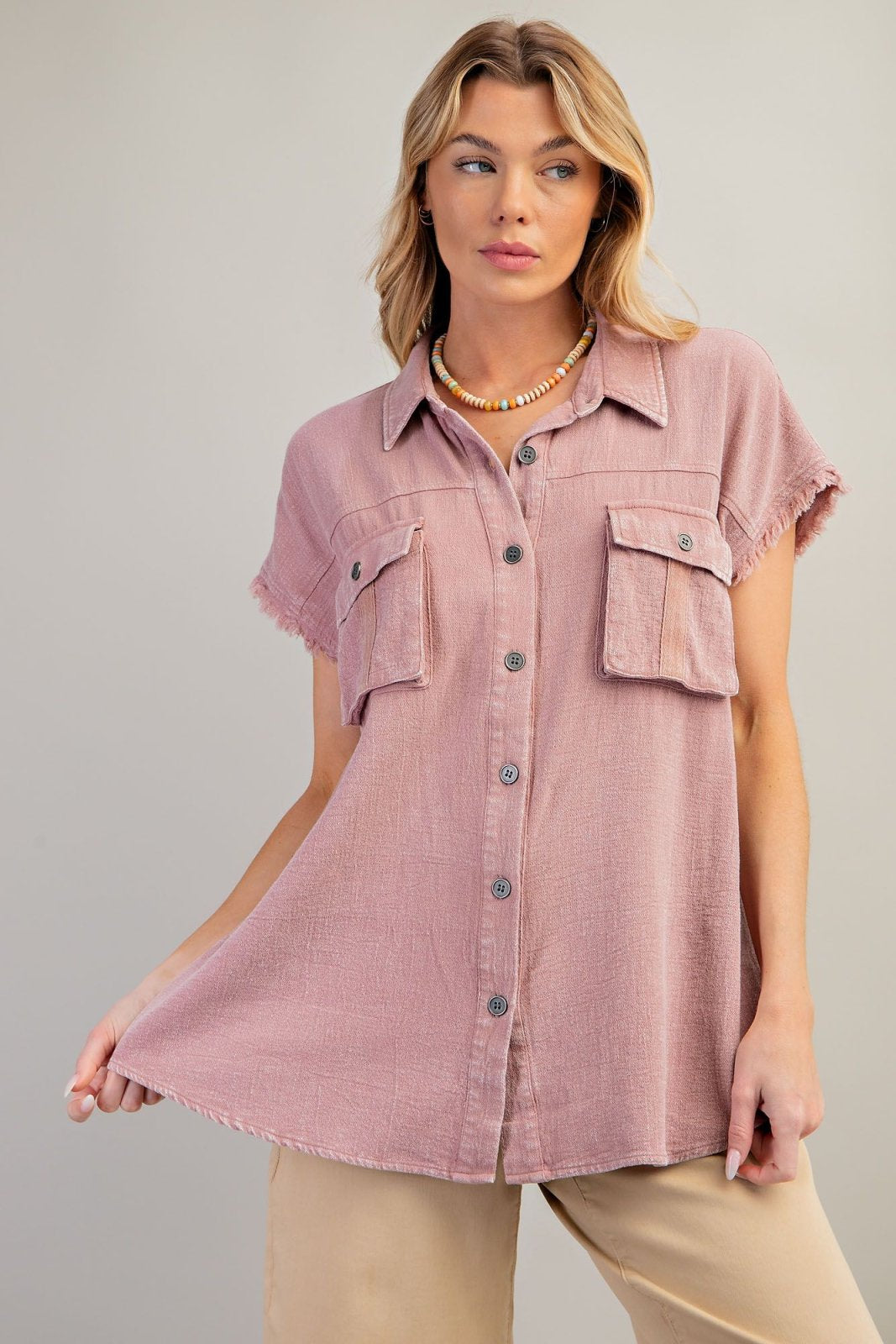 DUSTY ROSE CAP SLVS MINERAL WASHED BUTTON DOWN SHIRT